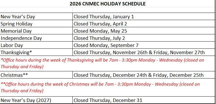 2026 Holiday Schedule